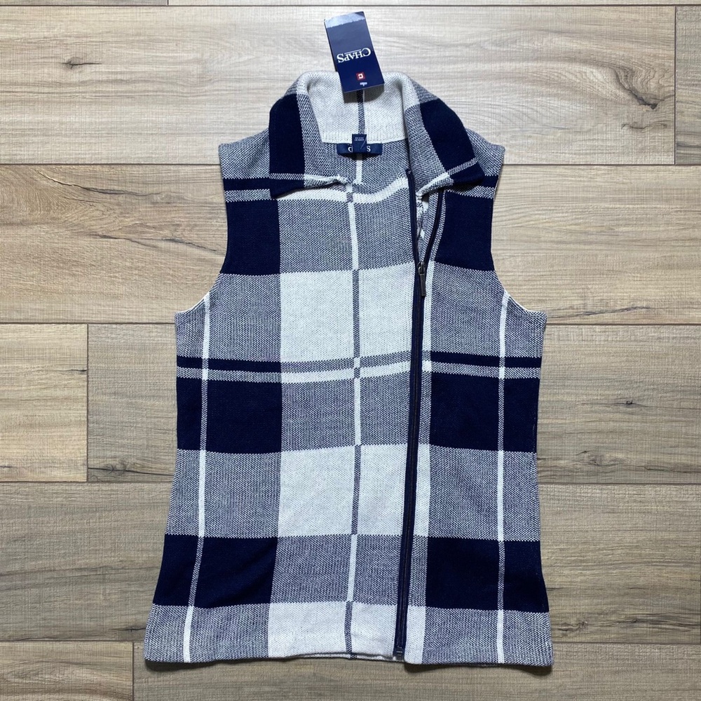 CHAPS‎ Womens Plaid Asymmetrical Zip Front Vest Size XS Blue & Light Cream